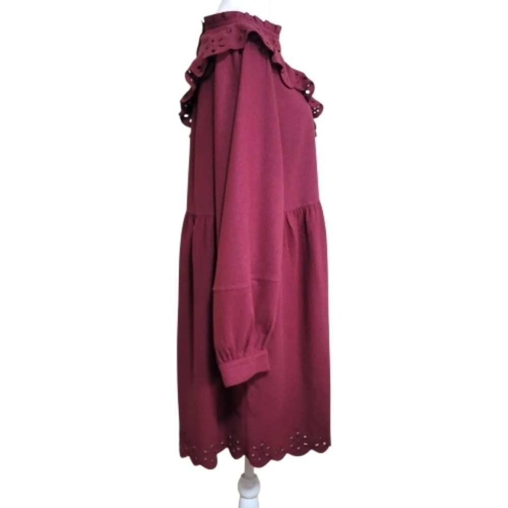 Madewell Embroidered Ruffled Flannel Mini Dress In Vintage Mulberry. Cottagecore - Picture 8 of 14